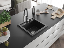 Mexen Vito Granitspüle 1-becken mit Küchenarmatur Aster, schwarz/silber-metallic- 6503-73-73450-07