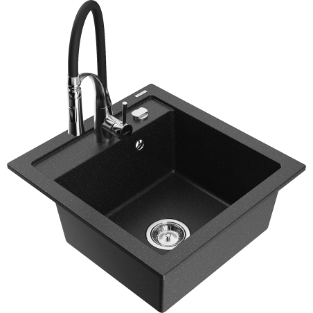 Mexen Vito granieten spoelbak met 1 bak en Aster keukenmengkraan, zwart/zilver metallic- 6503-73-73450-07