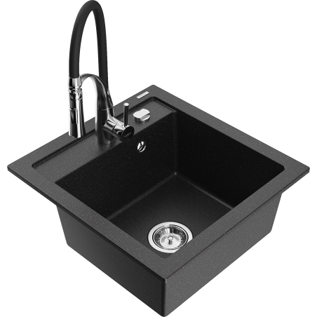 Mexen Vito granite kitchen sink 1-bowl with Aster kitchen faucet, black/silver metallic - 6503-73-73450-07