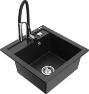Mexen Vito Granitspüle 1-becken mit Küchenarmatur Aster, schwarz/silber-metallic- 6503-73-73450-07