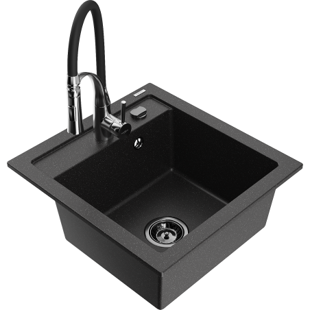 Mexen Vito 1-bowl granite sink with Aster kitchen tap, black/silver metallic - 6503-73-73450-07-B