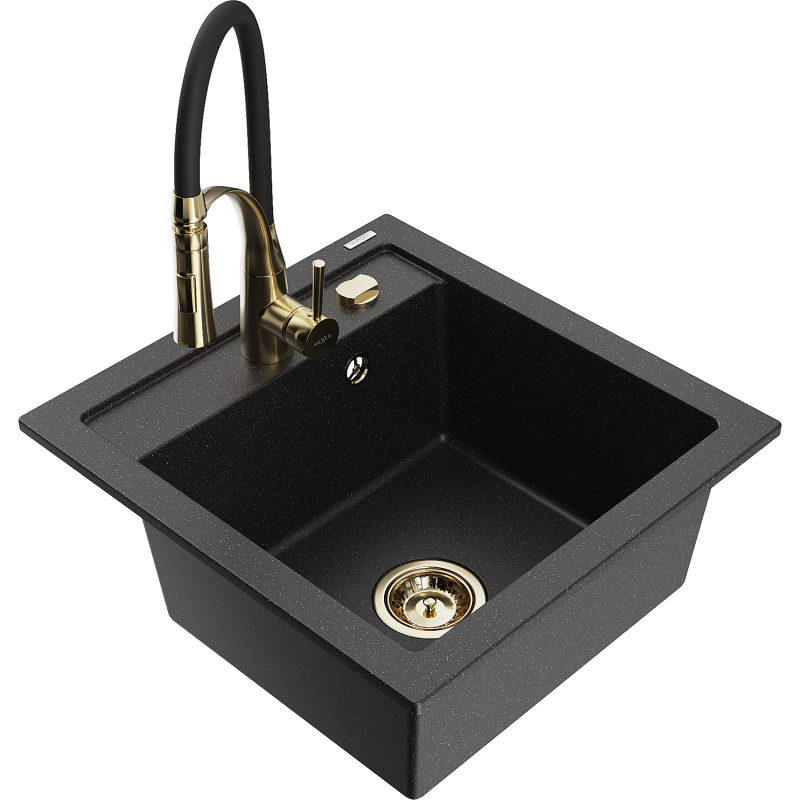 Mexen Vito fregadero de granito de 1 cubeta con grifo de cocina Aster, negro/metálico plateado - 6503-73-73450-57-G