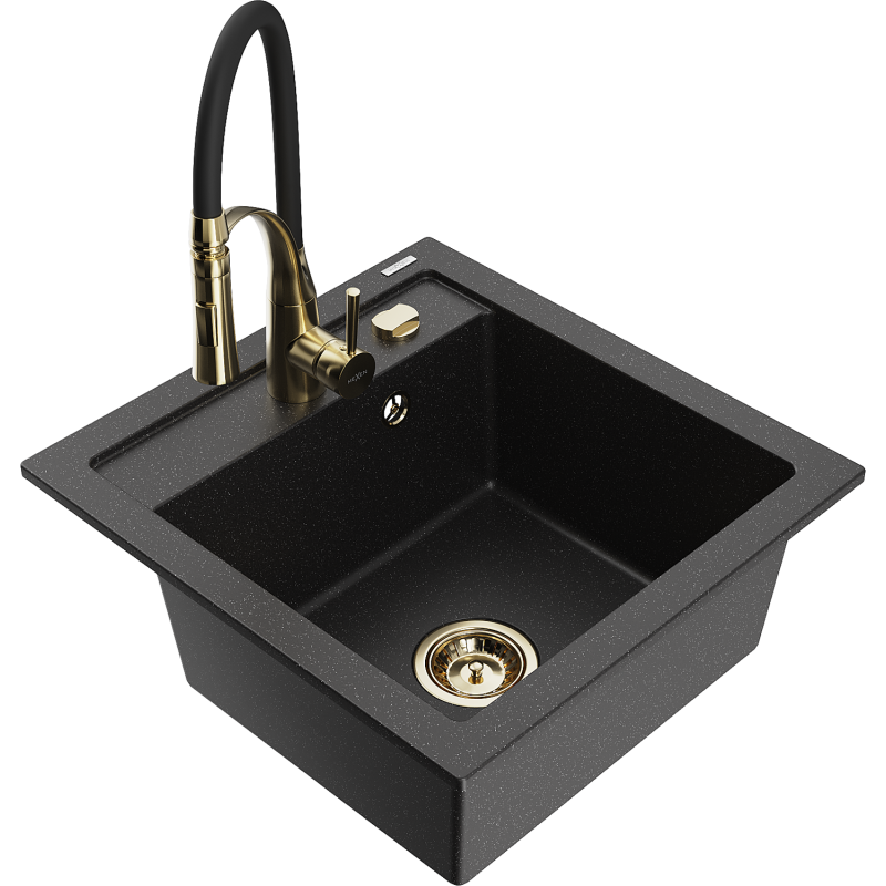 Mexen Vito granite sink 1-compartment with Aster kitchen tap, black/silver metallic- 6503-73-73450-57-G