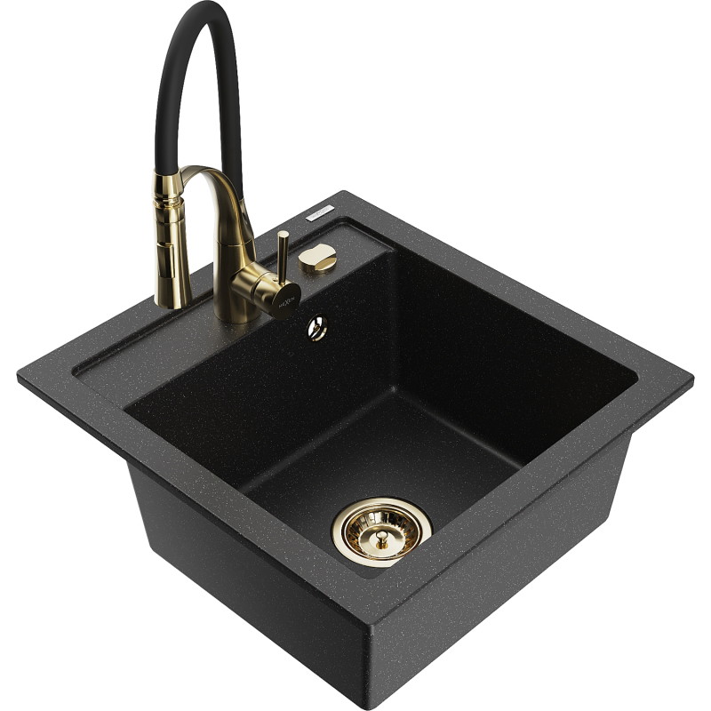 Mexen Vito Granitspüle 1-Becken mit Küchenarmatur Aster, schwarz/silberner Metallic - 6503-73-73450-57-G
