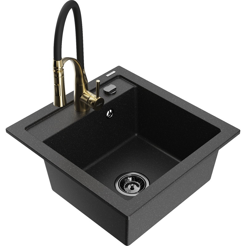 Mexen Vito Granitspüle 1-beckig mit Küchenarmatur Aster, schwarz/silber-metallic - 6503-73-73450-57-B