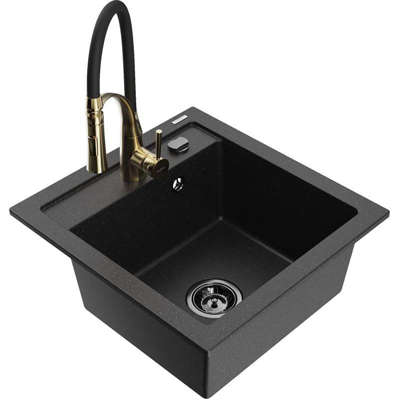 Mexen Vito lava-louça de granito de 1 cuba com torneira de cozinha Aster, preto/metálico prateado - 6503-73-73450-57-B