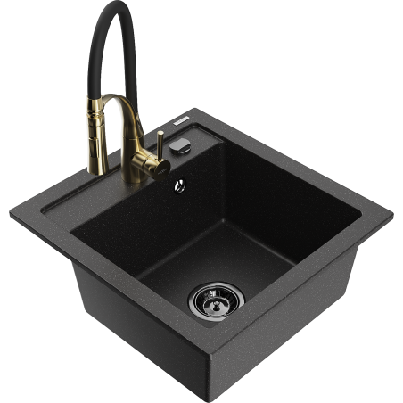 Mexen Vito granieten spoelbak met 1 bak en Aster keukenkraan, zwart/zilver metallic- 6503-73-73450-57-B