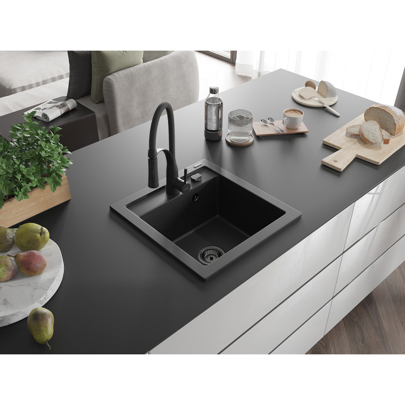 Mexen Vito zlewozmywak granitowy 1-komorowy z baterią kuchenną Aster, czarny/srebrny metalik- 6503-73-73450-70-B