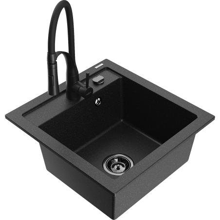 Mexen Vito 1-bowl granite sink with Aster kitchen faucet, black/silver metallic - 6503-73-73450-70-B