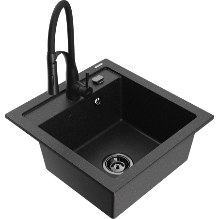 Mexen Vito Granitspüle 1-komoriger mit Küchenarmatur Aster, schwarz/silber metallic - 6503-73-73450-70-B