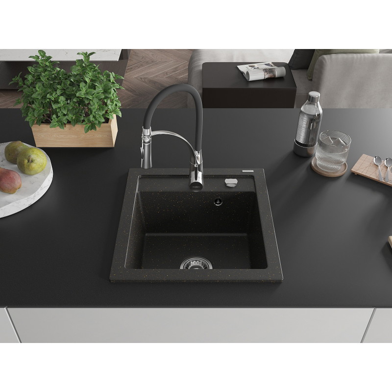 Mexen Vito granitspüle mit 1 Becken und Küchenarmatur Aster, schwarz/gold metallic - 6503-75-73450-07
