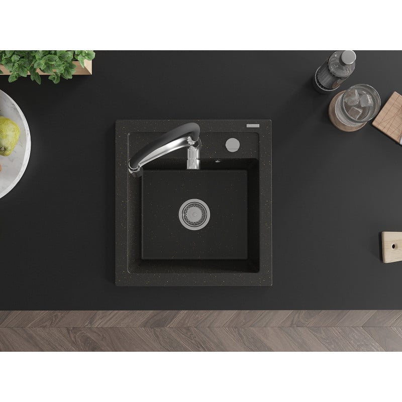 Mexen Vito lavello in granito a 1 vasca con rubinetto da cucina Aster, nero/oro metallizzato- 6503-75-73450-07