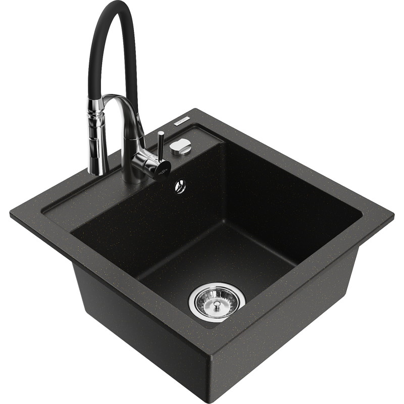 Mexen Vito granit wastafel 1-kamer met keukenmengkraan Aster, zwart/goud metallic - 6503-75-73450-07