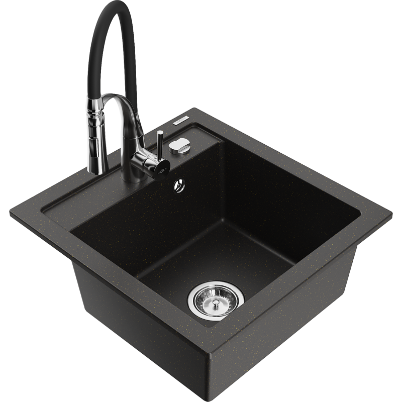 Mexen Vito lava-loiça de granito de 1 cuba com torneira de cozinha Aster, preto/dourado metálico - 6503-75-73450-07