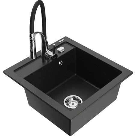 Mexen Vito 1-bowl Granite Sink with Aster Kitchen Tap, Black/Gold Metallic- 6503-75-73450-07