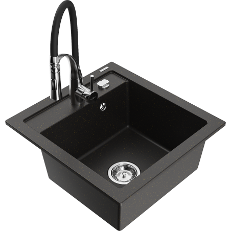 Mexen Vito granite kitchen sink 1-bowl with Aster kitchen faucet, black/gold metallic - 6503-75-73450-07