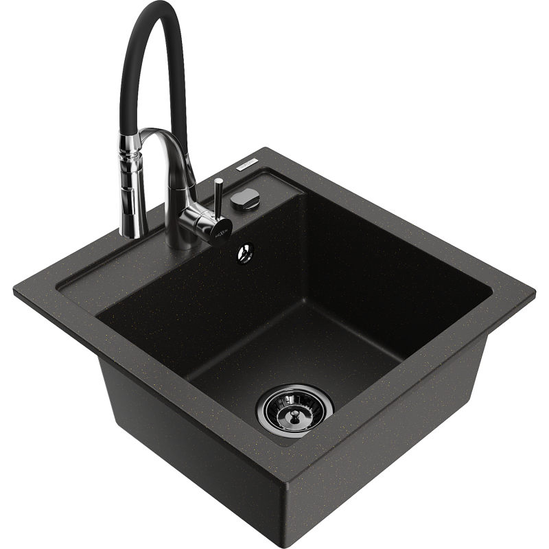 Mexen Vito 1-Bowl Granite Sink with Aster Kitchen Tap, Black/Gold Metallic- 6503-75-73450-07-B
