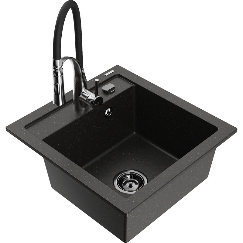 Mexen Vito fregadero de granito de 1 compartimento con grifo de cocina Aster, negro/dorado metálico - 6503-75-73450-07-B