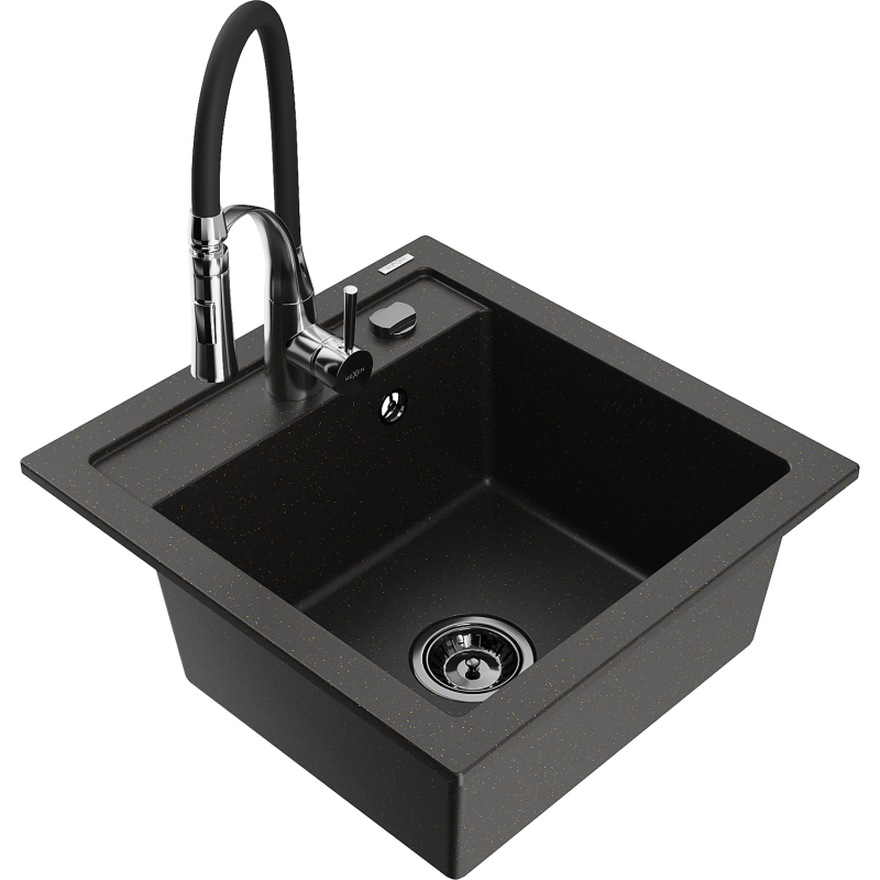 Mexen Vito Granitspüle 1-Becken mit Küchenarmatur Aster, Schwarz/Gold Metallic- 6503-75-73450-07-B