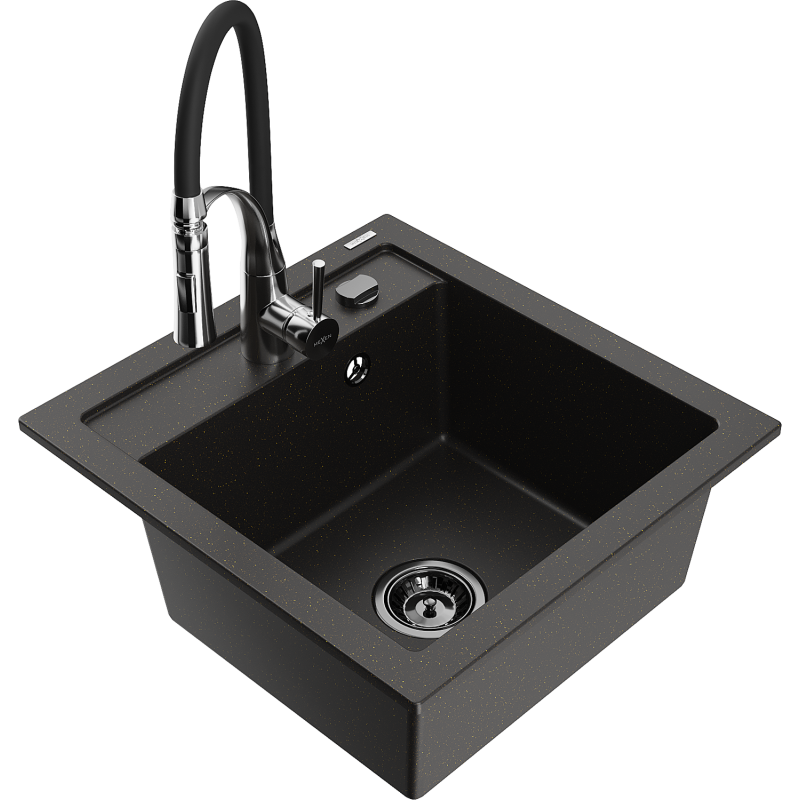 Mexen Vito lava-loiça de granito com 1 cuba e torneira de cozinha Aster, preto/dourado metálico - 6503-75-73450-07-B