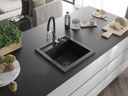 Mexen Vito Single-Bowl Granite Sink with Kitchen Faucet Aster, Black/Gold Metallic - 6503-75-73450-07-B
