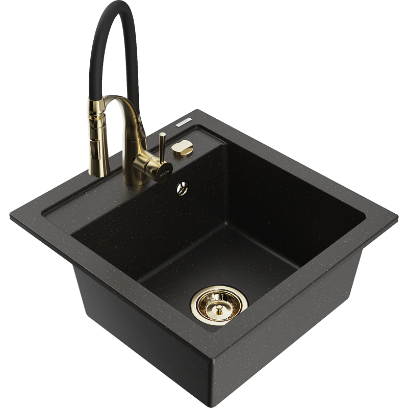 Mexen Vito fregadero de granito de 1 cubeta con grifo de cocina Aster, negro/dorado metálico- 6503-75-73450-57-G