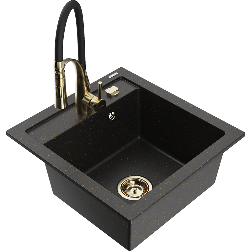 Mexen Vito lava-loiça de granito de 1 cuba com torneira de cozinha Aster, preto/dourado metálico - 6503-75-73450-57-G