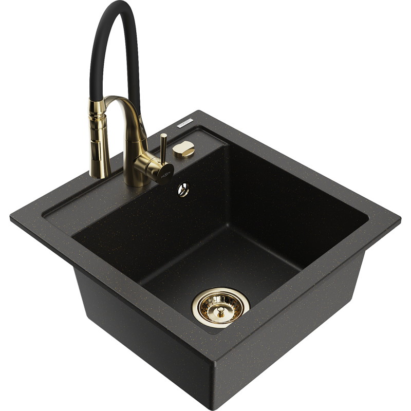 Mexen Vito lavello in granito a 1 vasca con rubinetto cucina Aster, nero/oro metallico - 6503-75-73450-57-G