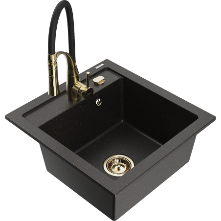Mexen Vito granite sink 1-bowl with Aster kitchen tap, black/gold metallic- 6503-75-73450-57-G