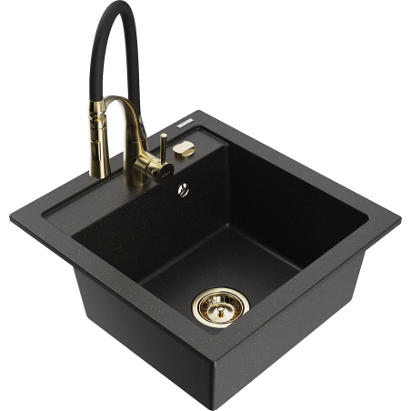 Mexen Vito Granitspüle 1-beckig mit Küchenarmatur Aster, schwarz/gold metallic- 6503-75-73450-57-G