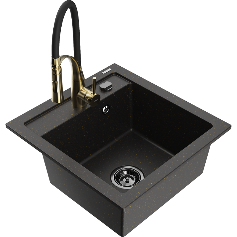 Mexen Vito Granitspüle 1-Kammer mit Küchenarmatur Aster, schwarz/gold metallic- 6503-75-73450-57-B