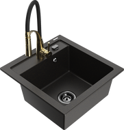 Mexen Vito 1-bowl granite sink with Aster kitchen faucet, black/gold metallic - 6503-75-73450-57-B