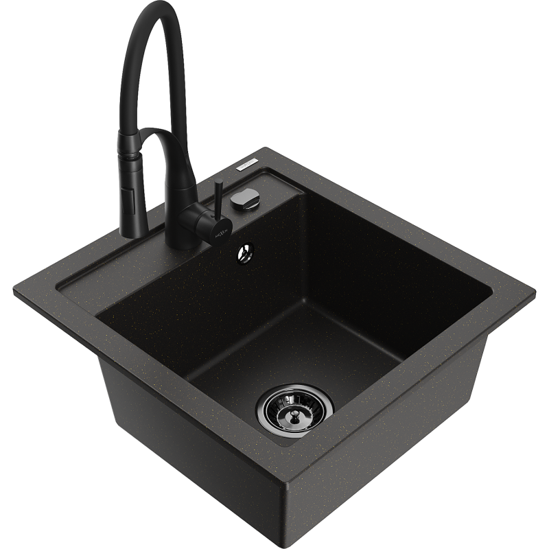 Mexen Vito évier de cuisine en granit 1 bac avec robinet de cuisine Aster, noir/or métallique- 6503-75-73450-70-B