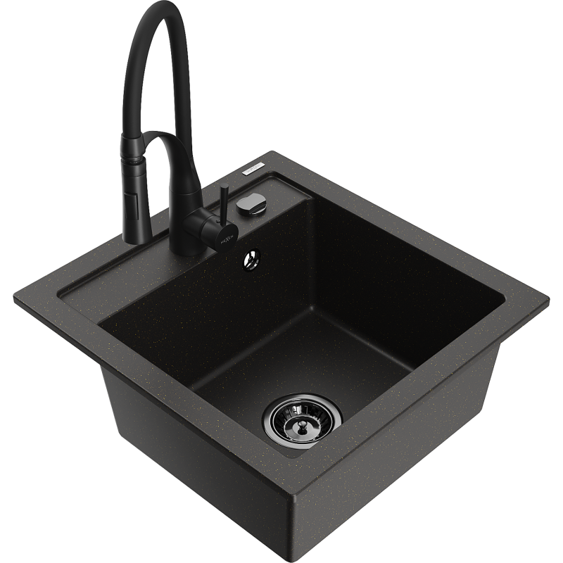 Mexen Vito fregadero de granito de 1 compartimento con grifo de cocina Aster, negro/metálico dorado- 6503-75-73450-70-B