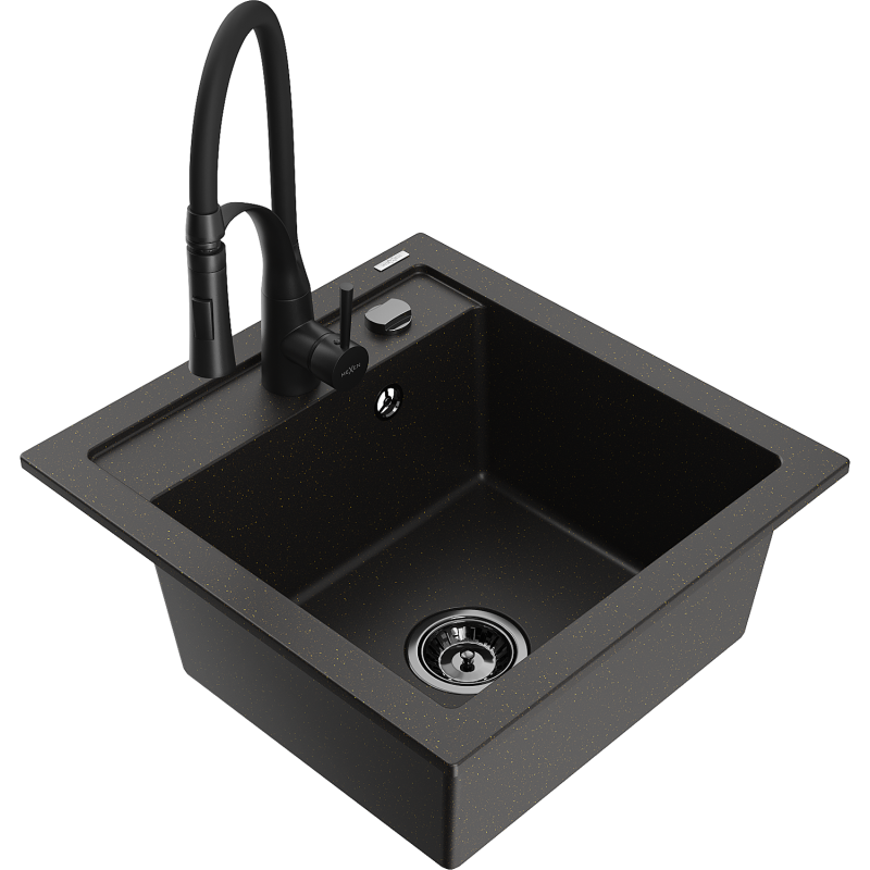 Mexen Vito granieten spoelbak 1-komor met Aster keukenmengkraan, zwart/goud metallic- 6503-75-73450-70-B