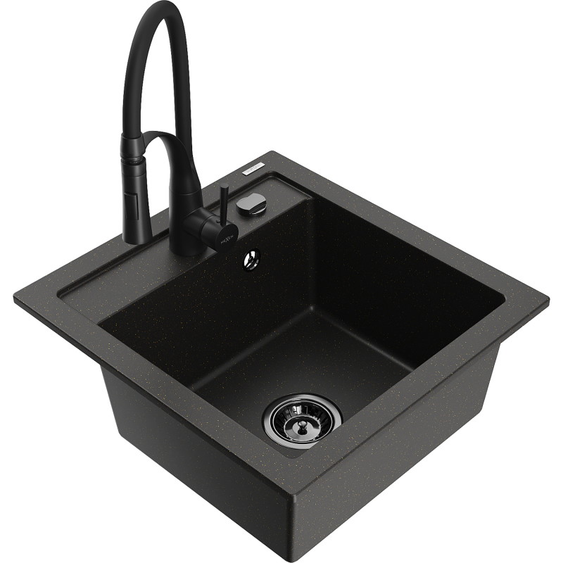 Mexen Vito granit gootsteen 1-kuips met keukenmengkraan Aster, zwart/gouden metallic - 6503-75-73450-70-B