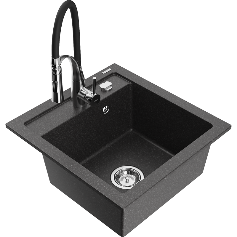 Mexen Vito fregadero de granito de 1 cubeta con grifo de cocina Aster, negro moteado - 6503-76-73450-07