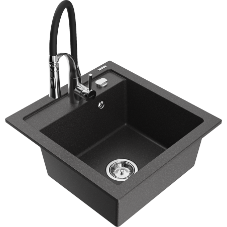 Mexen Vito 1-bowl granite kitchen sink with Aster kitchen tap, speckled black - 6503-76-73450-07