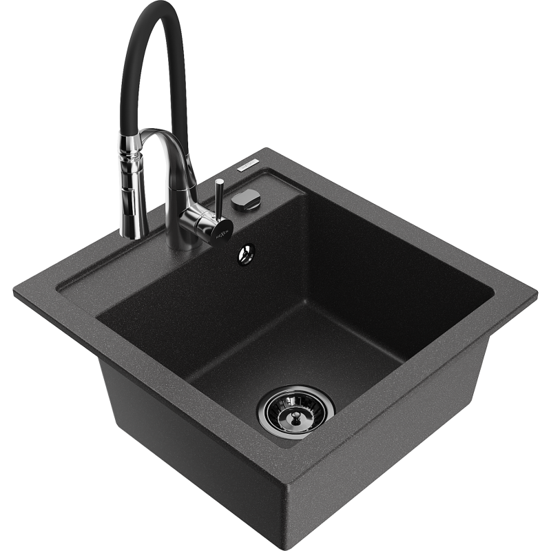 Mexen Vito évier en granit à 1 bac avec robinet de cuisine Aster, noir moucheté - 6503-76-73450-07-B