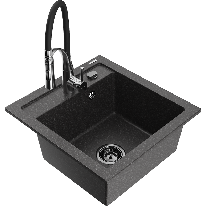 Mexen Vito granite sink 1-bowl with Aster kitchen tap, black speckled - 6503-76-73450-07-B