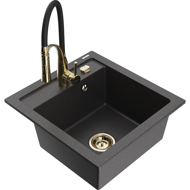 Mexen Vito fregadero de granito de 1 cubeta con grifo de cocina Aster, negro moteado - 6503-76-73450-57-G