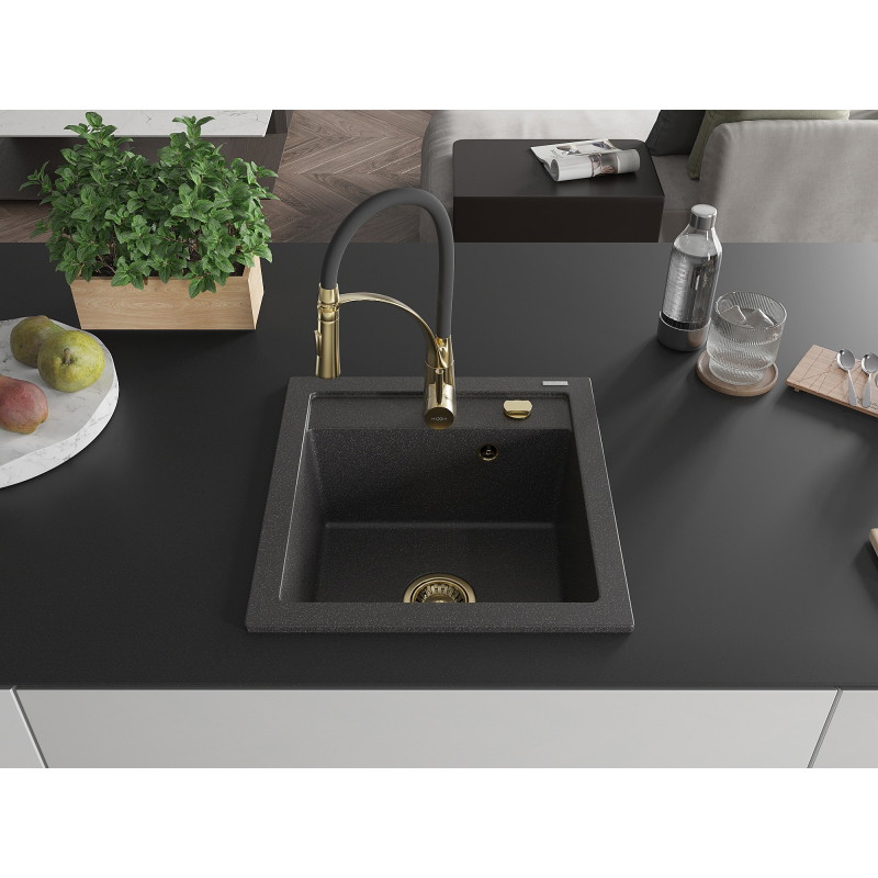 Mexen Vito fregadero de granito de 1 compartimento con grifo de cocina Aster, negro moteado - 6503-76-73450-57-G