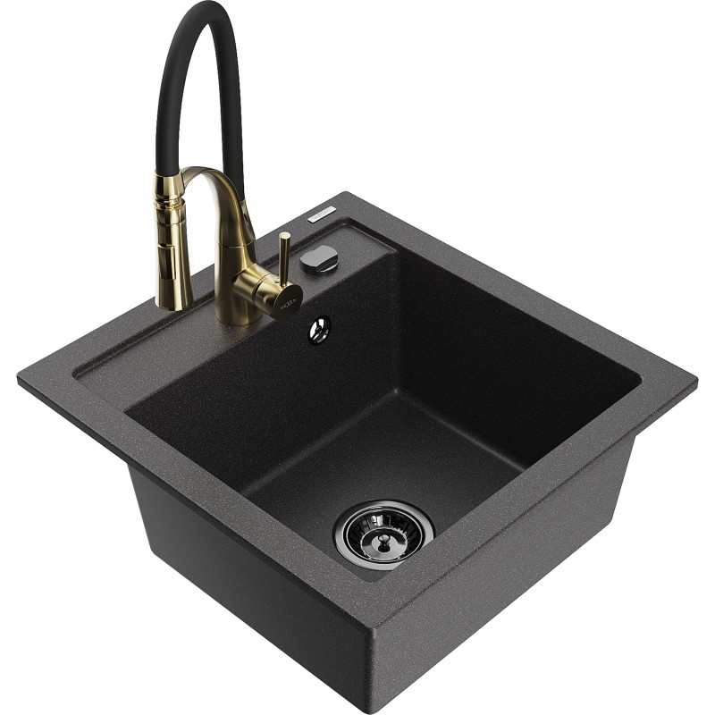 Mexen Vito fregadero de granito de 1 cubeta con grifo de cocina Aster, negro moteado - 6503-76-73450-57-B