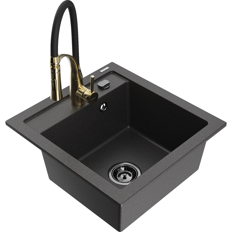 Mexen Vito lava-louça de granito de 1 pia com torneira de cozinha Aster, preto salpicado - 6503-76-73450-57-B