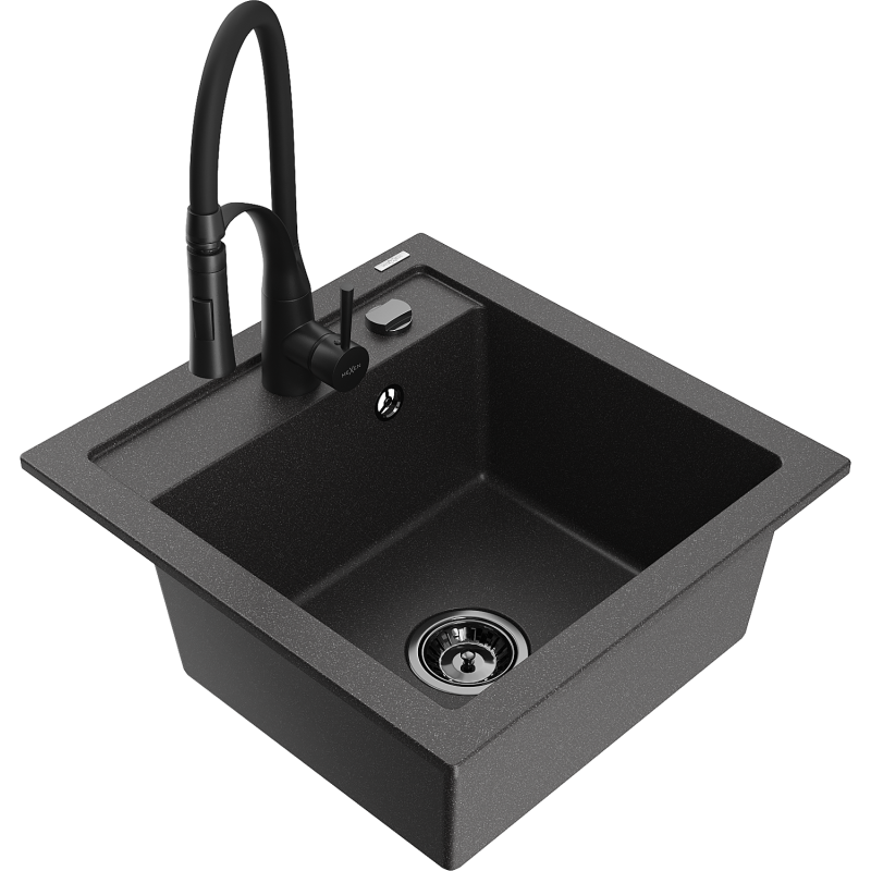 Mexen Vito granite kitchen sink 1-bowl with Aster kitchen tap, black speckled - 6503-76-73450-70-B