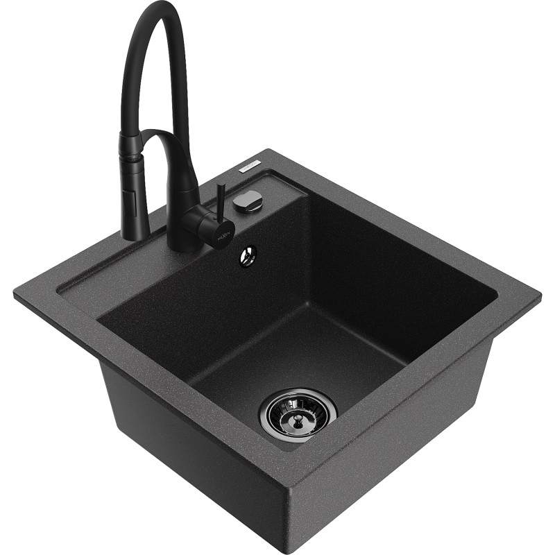 Mexen Vito granitena gootsteen 1-kompartment met keukenkraan Aster, gespikkeld zwart - 6503-76-73450-70-B