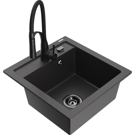 Mexen Vito granite kitchen sink 1-bowl with Aster kitchen tap, black speckled - 6503-76-73450-70-B