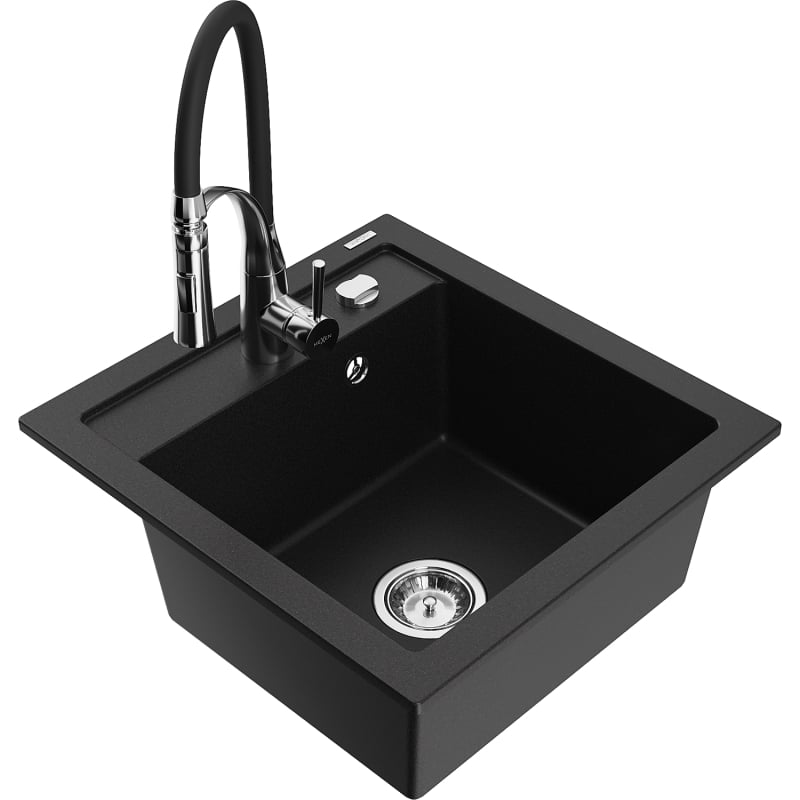 Mexen Vito 1-bowl granite sink with Aster kitchen faucet, black - 6503-77-73450-07