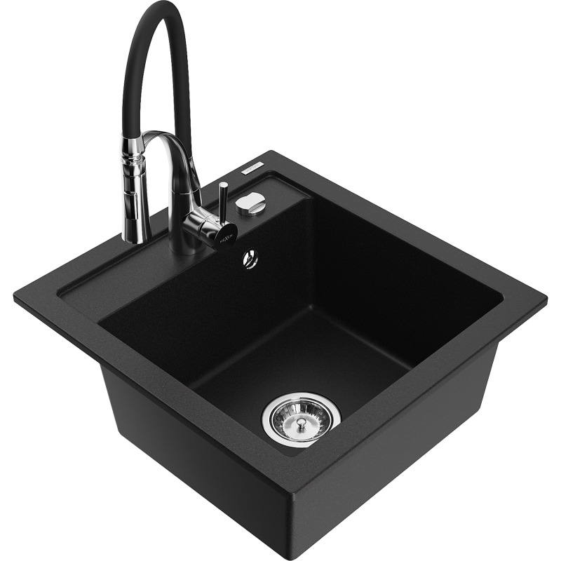 Mexen Vito fregadero de granito de 1 cubeta con grifo de cocina Aster, negro - 6503-77-73450-07