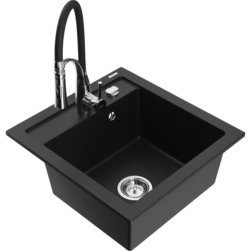 Mexen Vito granit gootsteen 1-komorige met keukenmengkraan Aster, zwart - 6503-77-73450-07